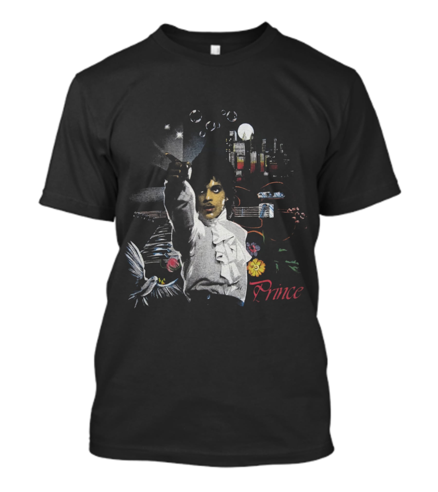 Prince Retro Iconic 1980s Music Legend With Guitar And City Skyline T-Shirt