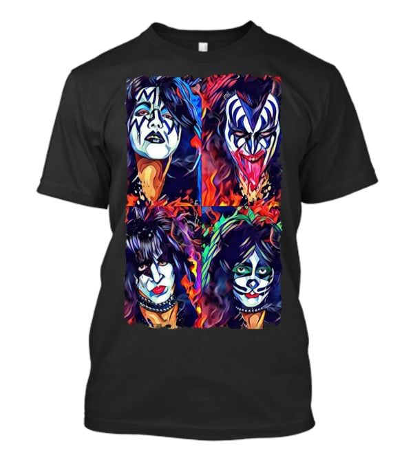 Kiss Band Iconic Face Paint Portraits Fiery Background T-Shirt