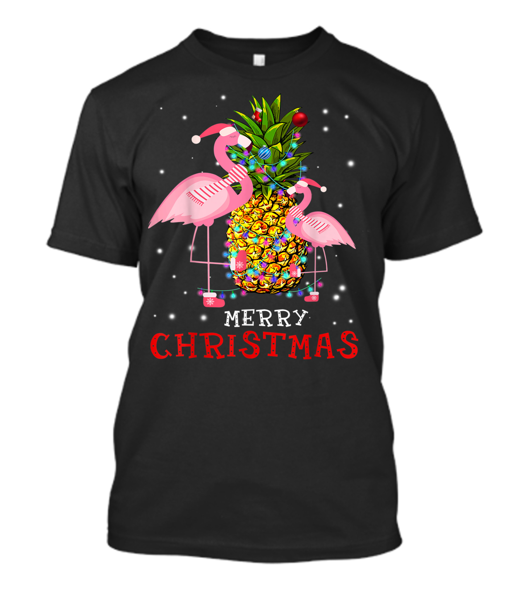 Merry Christmas Flamingo Pineapple With Xmas Lights T-Shirt