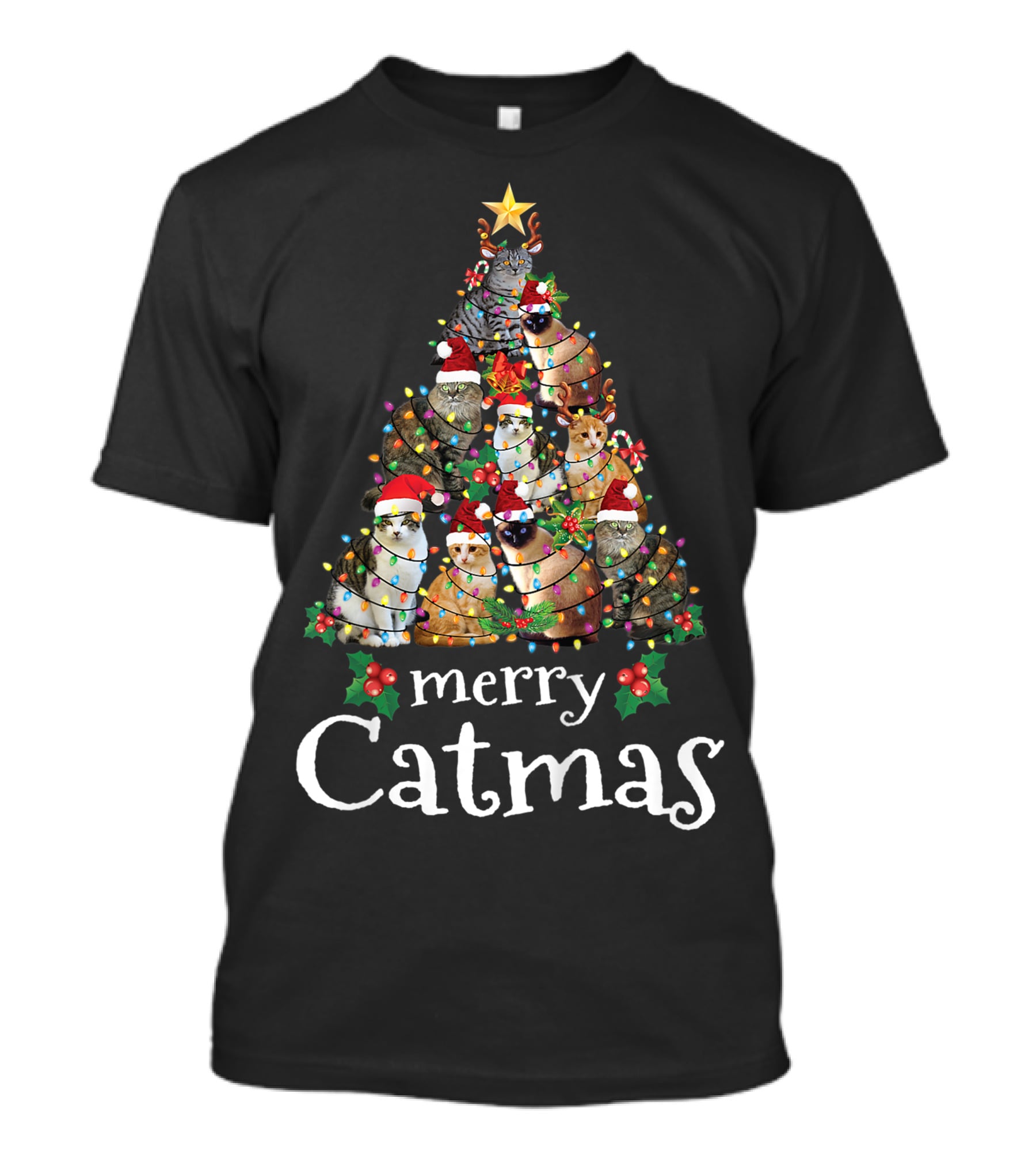 Merry Catmas Xmas Kids Funny Cat Christmas Tree With Cats In Santa Hats And Lights T-Shirt