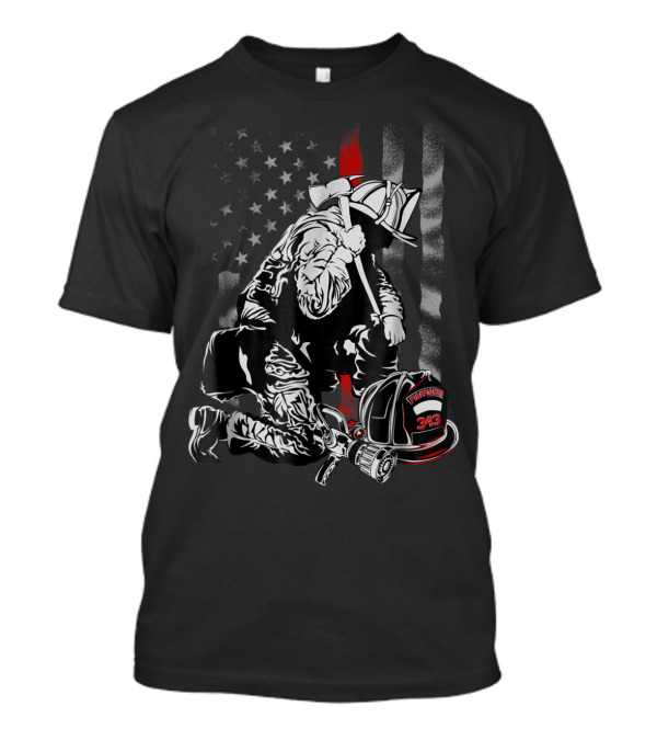 Firefighter Honor Kneeling American Flag Thin Red Line 343 T-Shirt