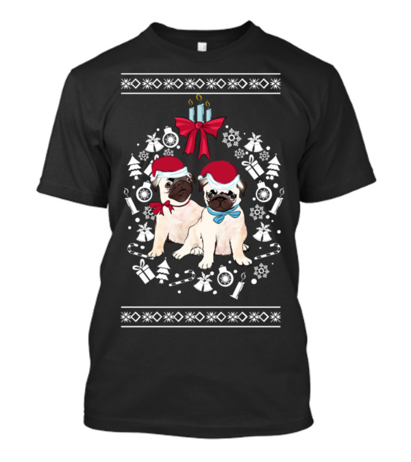 Pug Christmas Love Festive Santa Hats Candles And Snowflakes T-Shirt