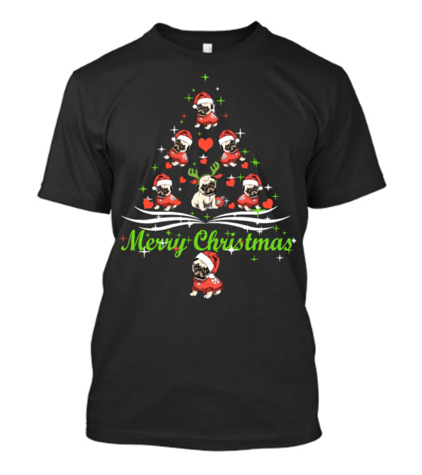 Merry Christmas Pug Reindeer Santa Hat Christmas Tree T-Shirt