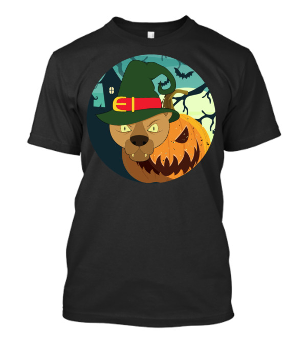 Pirate Halloween Animals Cat In Witch Hat With Spooky Pumpkin Scene T-Shirt