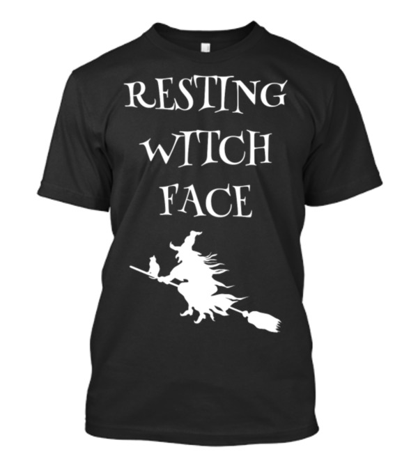 Resting Witch Face Halloween Broomstick Silhouette With Cat T-Shirt