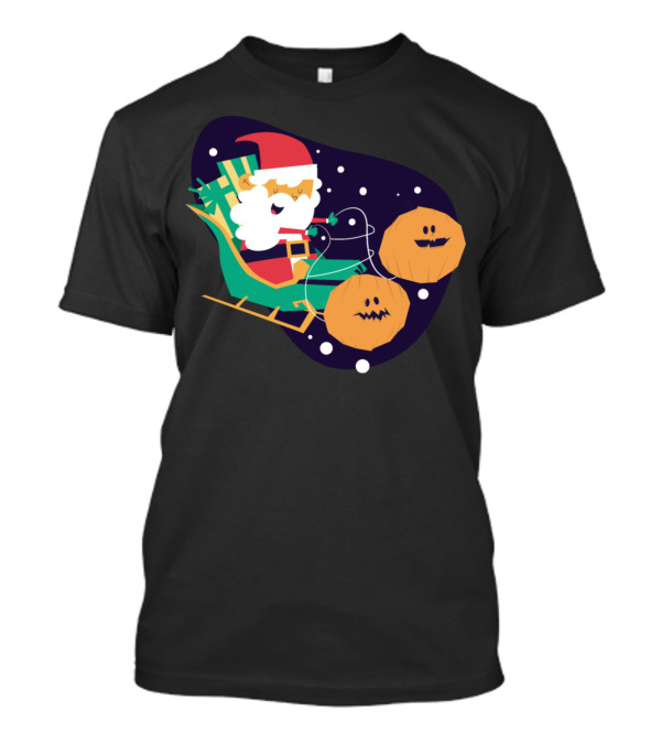Santa Sleigh With Halloween Pumpkins Snowy Night T-Shirt