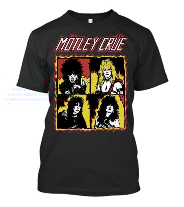 Mötley Crüe Cartoon Band Members Fire Border T-Shirt