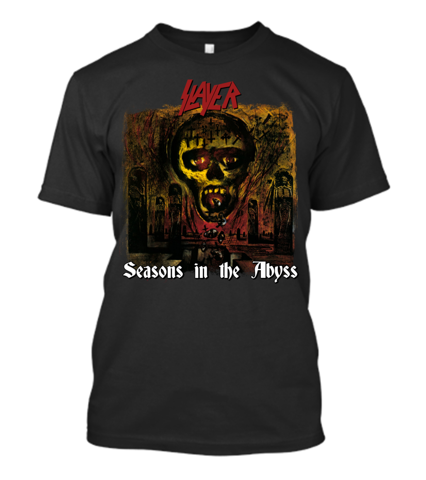 Slayer Seasons In The Abyss Skull Art With Cryptic Figures And Red T-Shirt