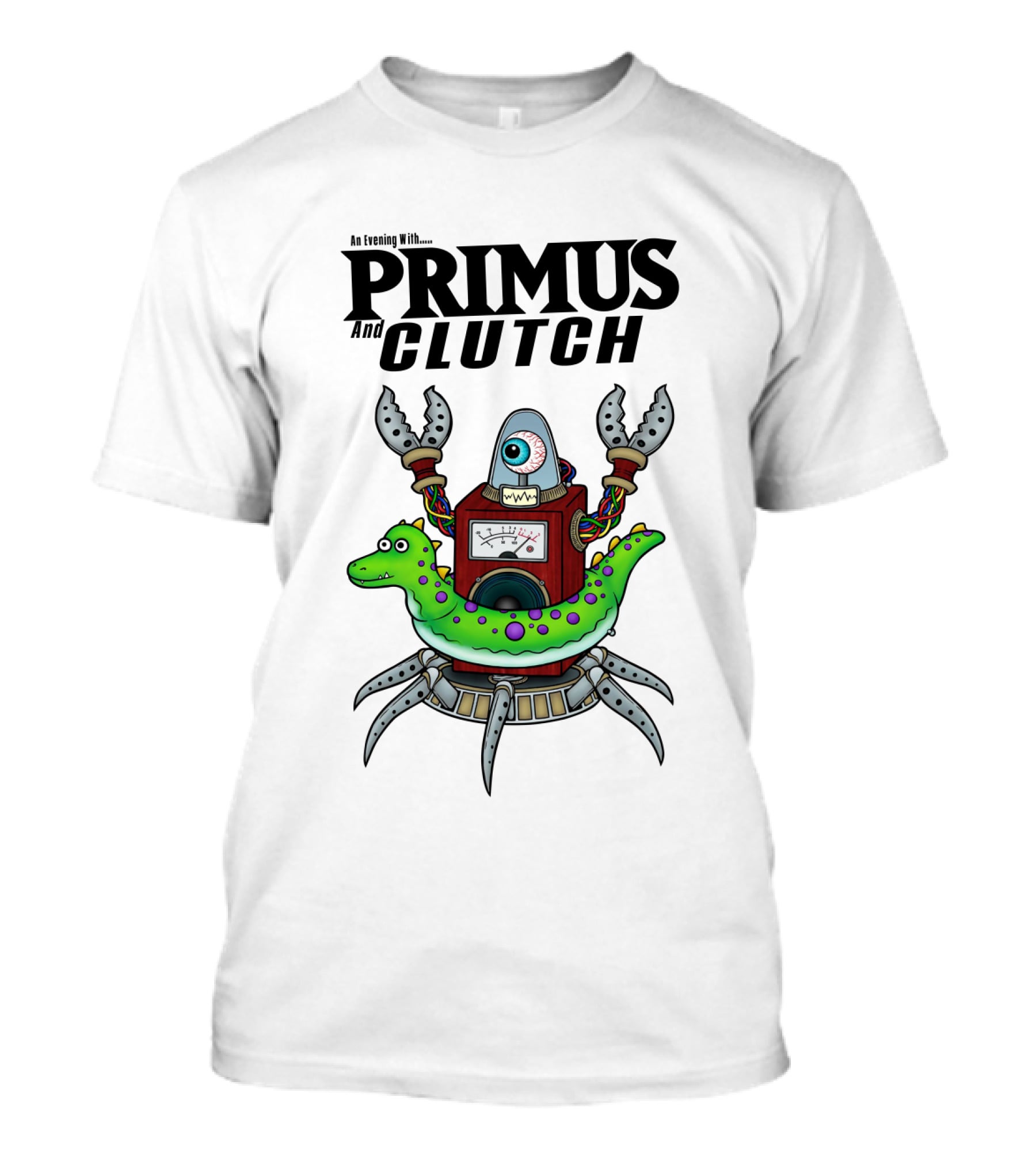 An Evening With Primus And Clutch Robot Monster With Alligator Alien Creature T-Shirt