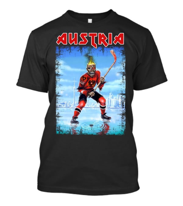 Austria Hockey Skeleton With Red And Black Flames And Vienna Skyline T-Shirt