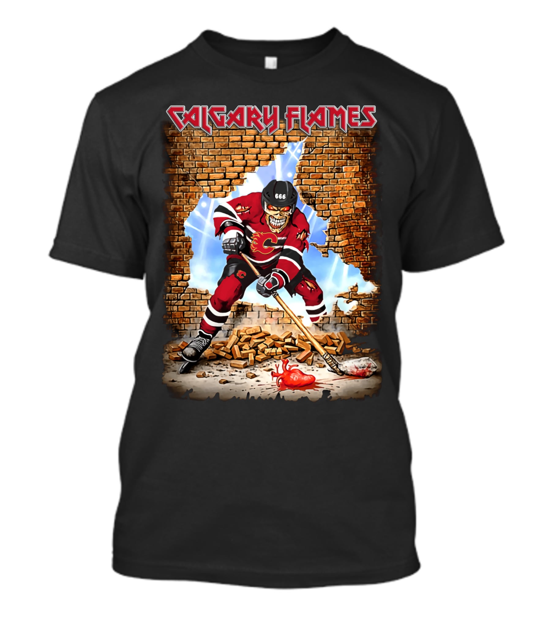 Calgary Flames Skeleton Hockey Player Breaking Through Wall T-Shirt
