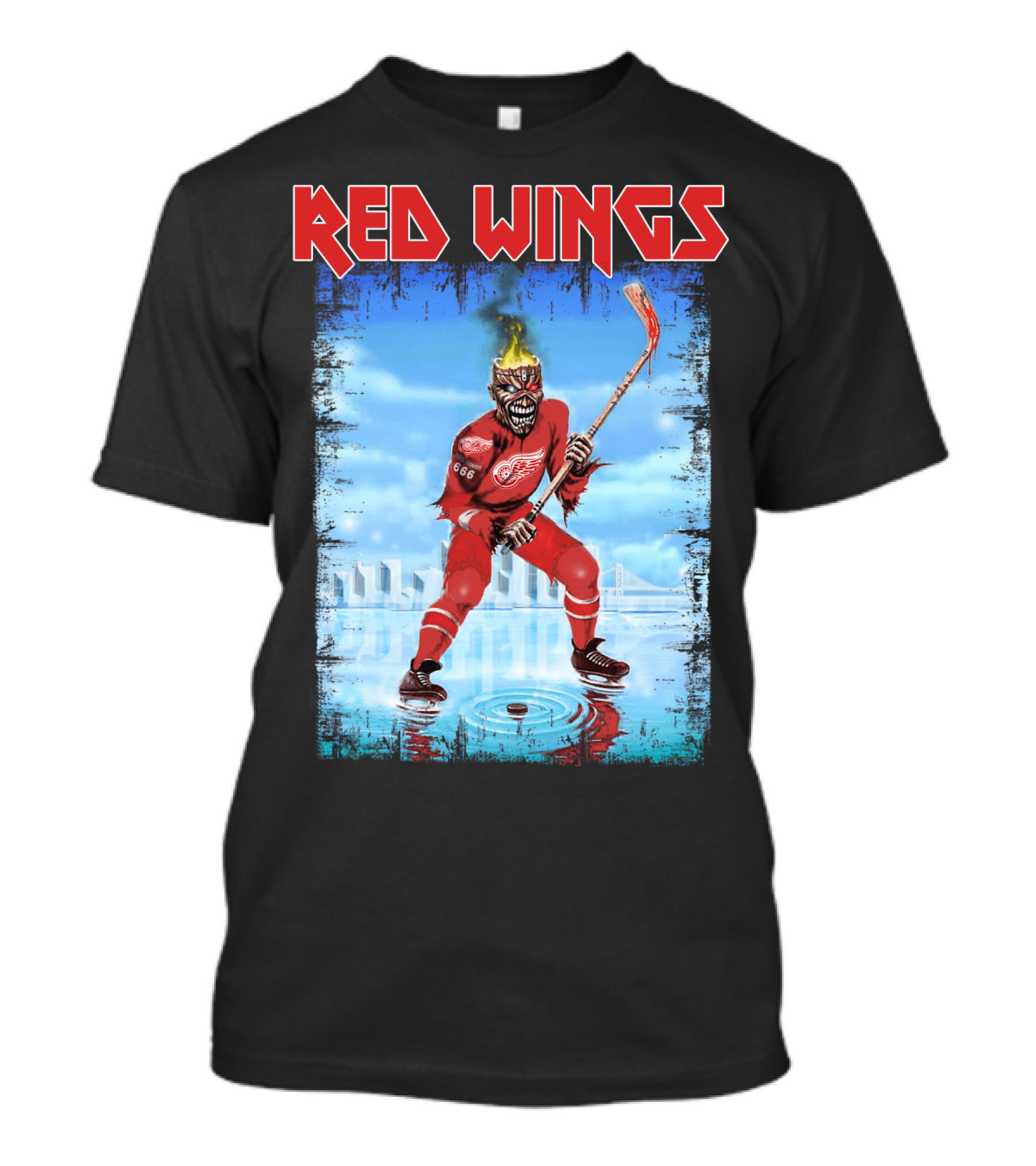 Red Wings Flaming Demon Hockey Player On Ice With Detroit Cityscape T-Shirt