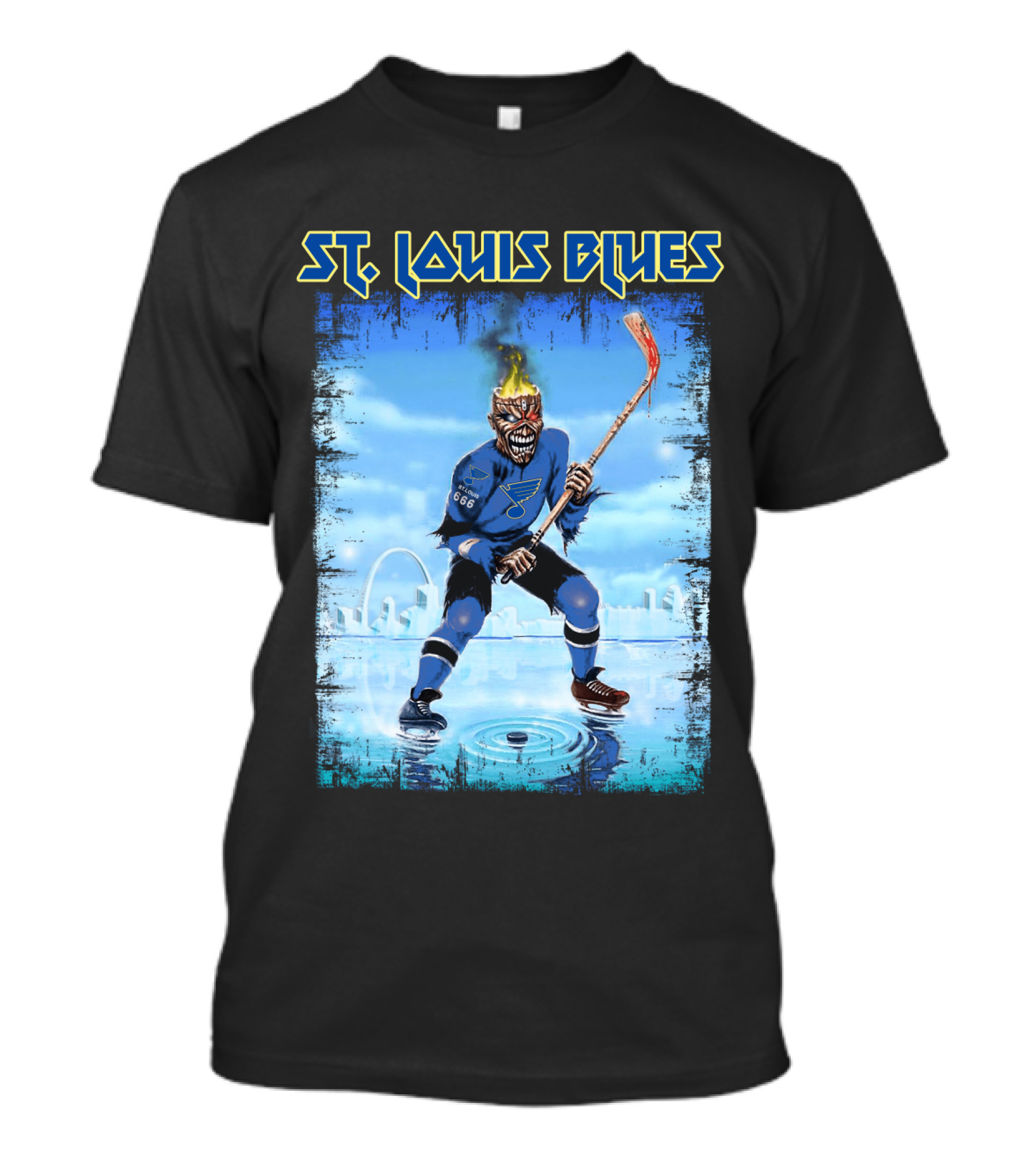 ST. LOUIS BLUES Hockey Player With Fiery Head And Ice Arena Background T-Shirt