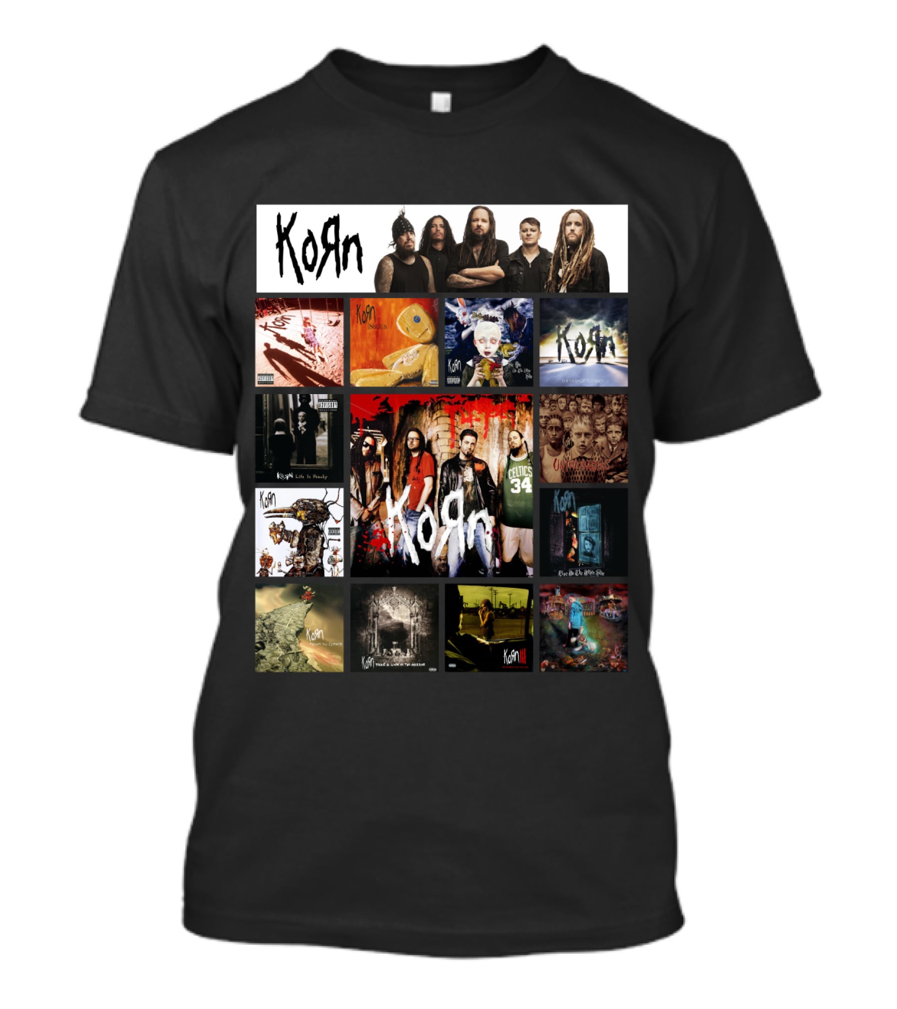 Korn Greatest Hits Collection Featuring Classic Album Covers And Band Members T-Shirt