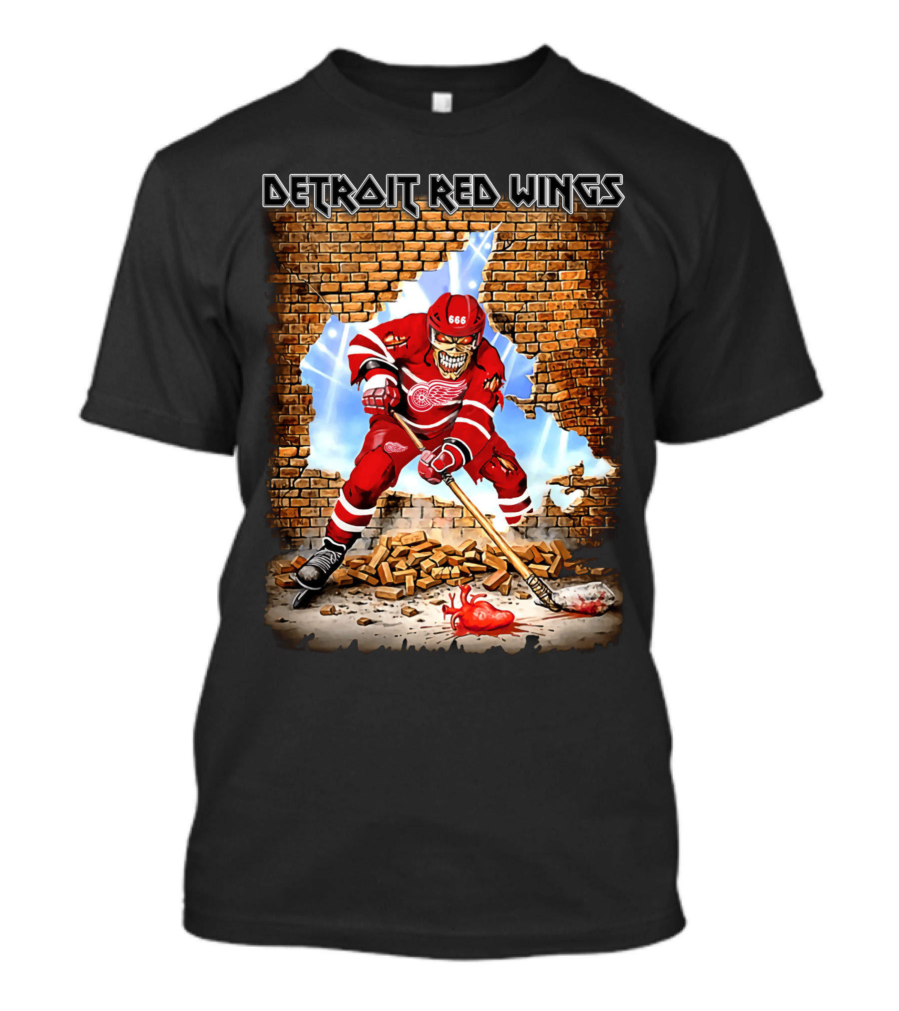 Detroit Red Wings Brick Wall Skeleton Hockey Player With Red Jersey And Ice Stick T-Shirt