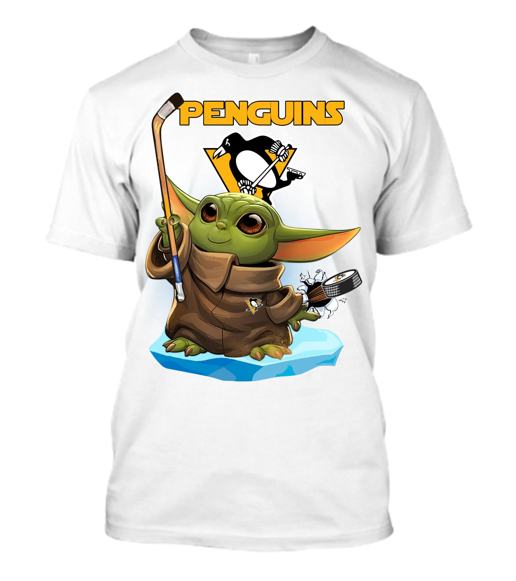 Baby Yoda Holding Hockey Stick With Pittsburgh Penguins T-Shirt