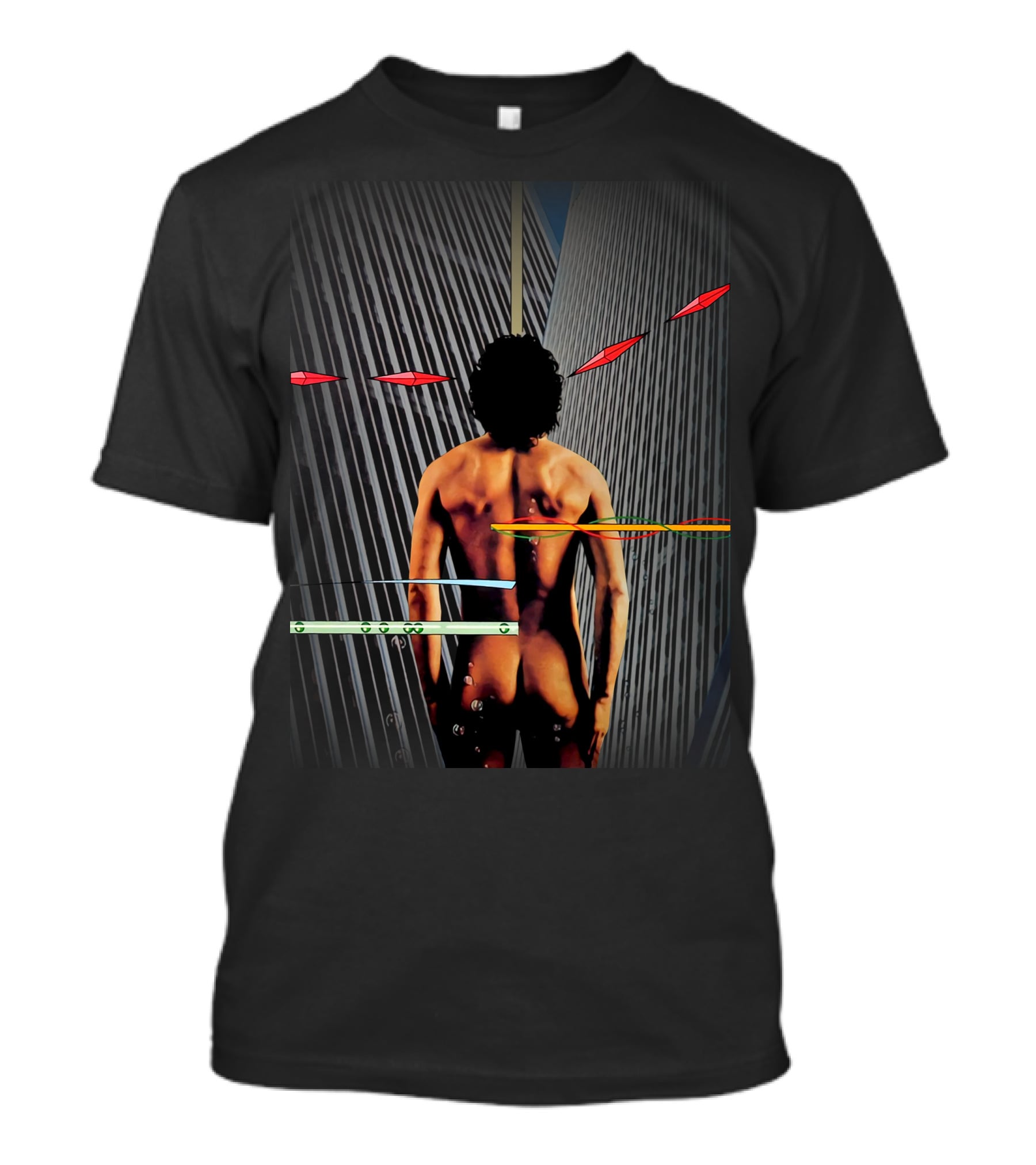 Naked Figure And Geometric Patterns With Vertical Lines And Red Shapes T-Shirt