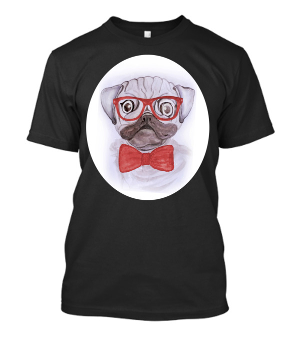 Cute Funny Watercolor Pug With Red Glasses And Bow Tie T-Shirt