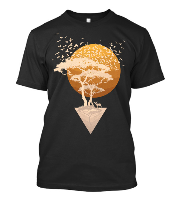 Sunset In Paradise With Tree Silhouette And Birds In Golden Circle T-Shirt