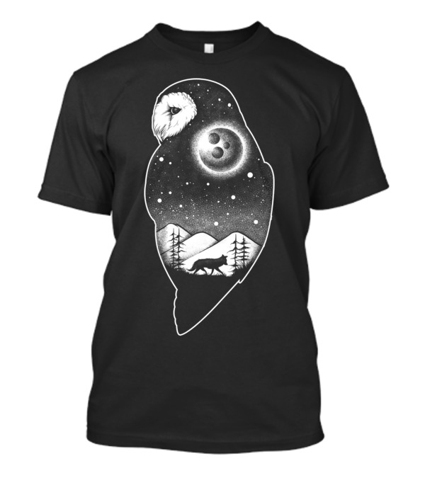 Wild Night Life Owl And Wolf Under Starry Sky With Moon Phases T-Shirt