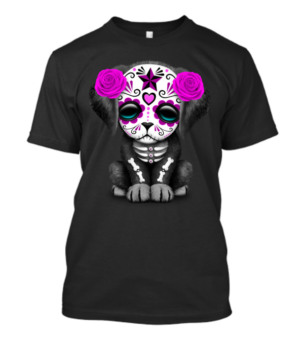 Purple Flower Sugar Skull Day Of The Dead Puppy T-Shirt
