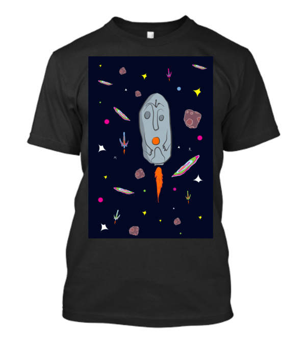 Megalith Rocket Cosmic Adventure With Moai Spaceship And Galactic Elements T-Shirt