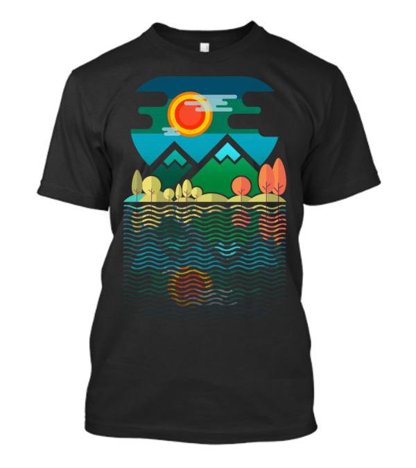 Mountains Reflection On The Beach Vibrant Sunset Over Waves And Trees T-Shirt