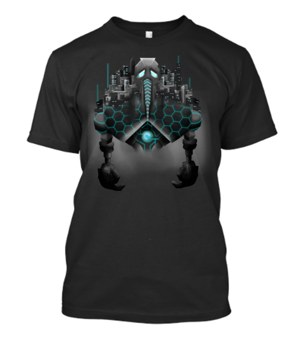 Megalithic City Cybernetic Guardian With Geometric Hexagons And Futuristic Skyline T-Shirt