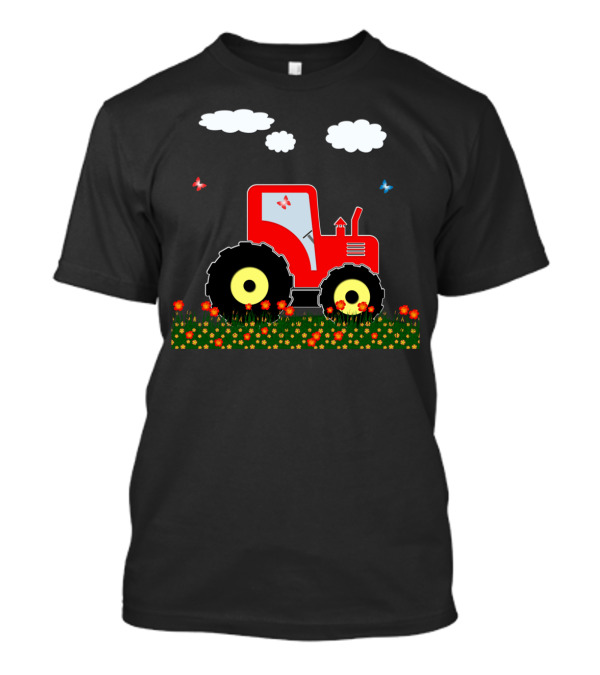 Red Toy Tractor In Flower Field With Butterflies And Clouds T-Shirt
