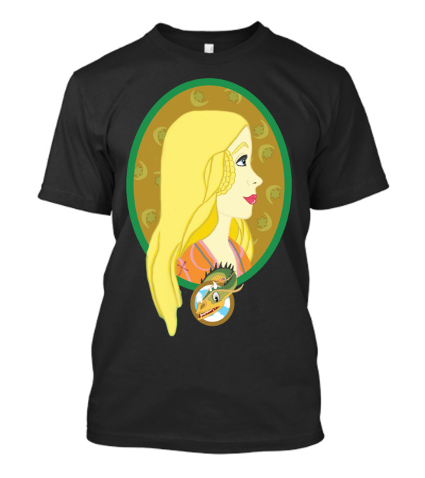 Melisande Of Dragons Fantasy Illustration With Blonde Woman And Green Dragon Motif T-Shirt