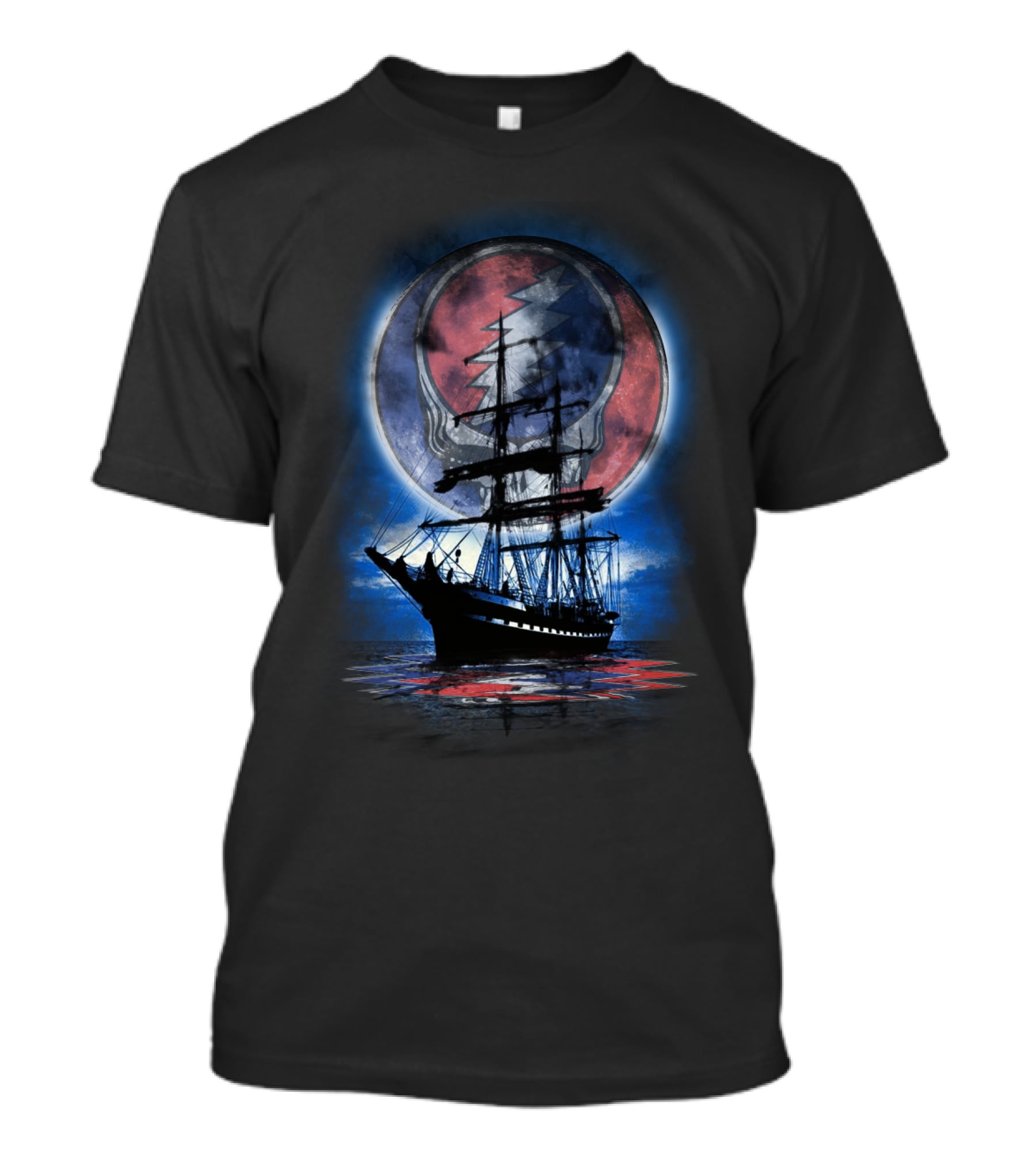 Grateful Dead Ship Of Fools Skull And Lightning Moon Ocean Scene T-Shirt