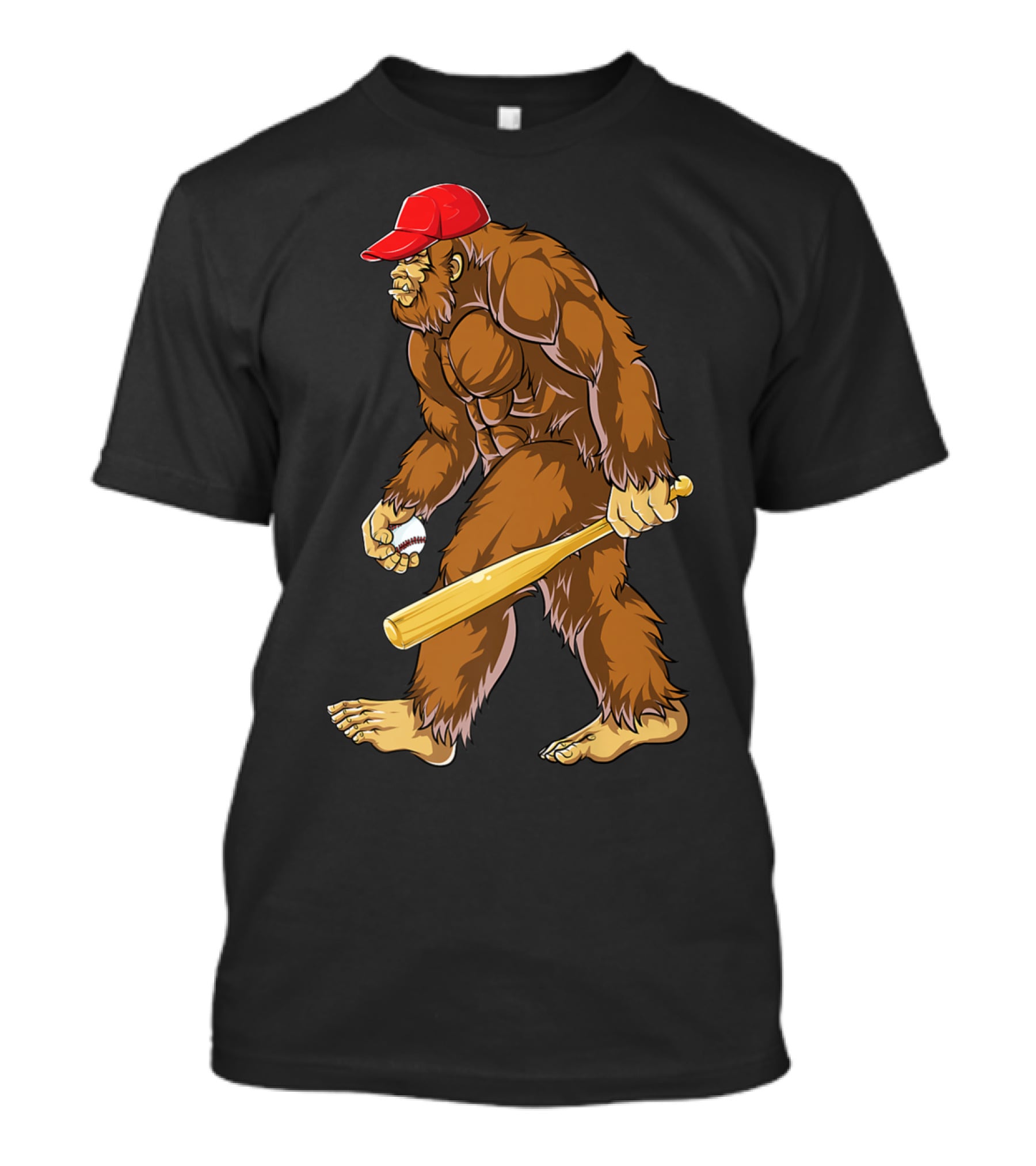 Bigfoot Sasquatch Baseball Catcher Pitcher Men Boys Red Cap Bat Sports T-Shirt