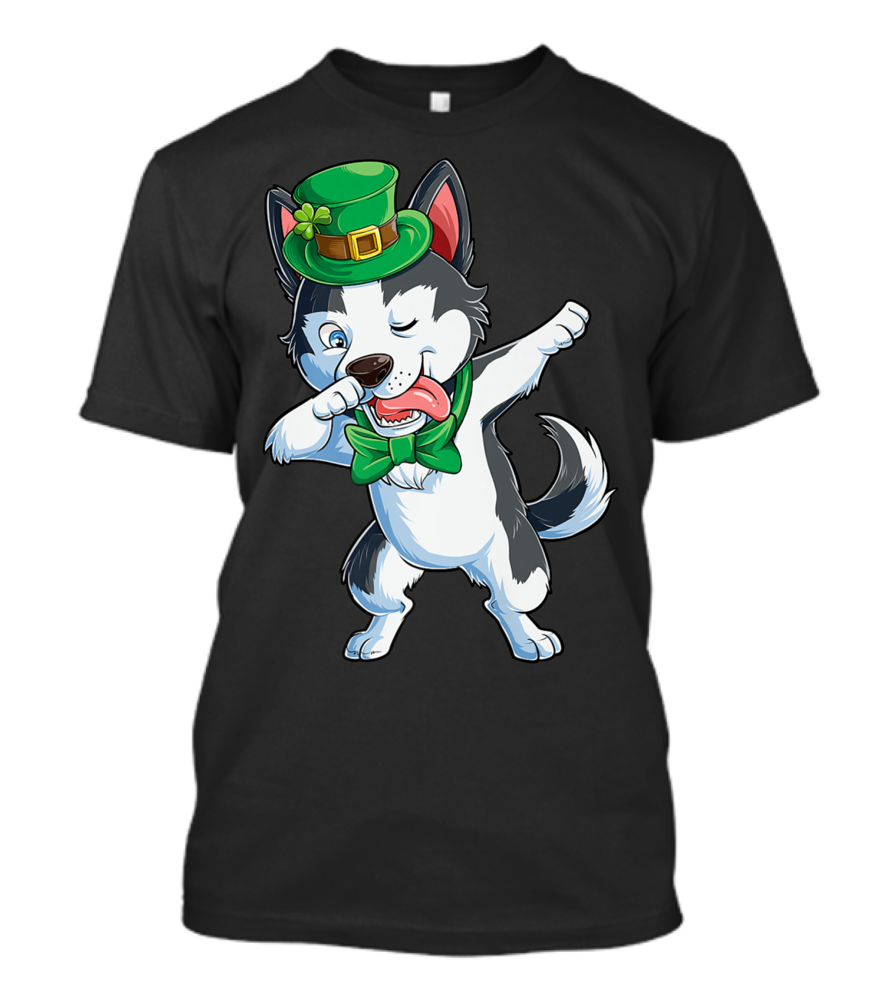 Siberian Husky Dabbing St Patricks Day Leprechaun Hat Bow Tie T-Shirt