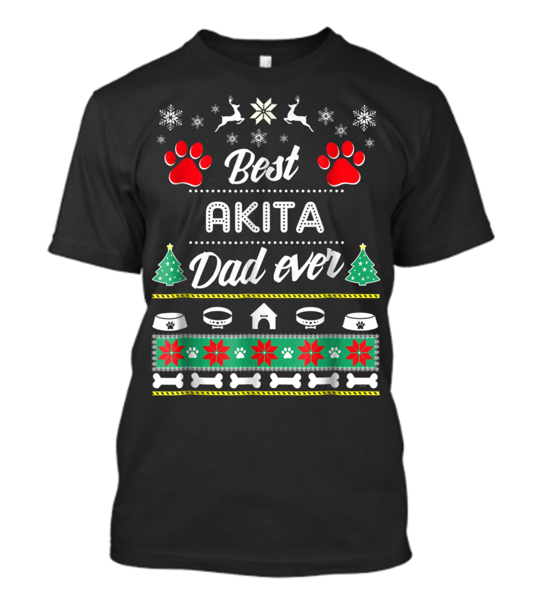 Best Akita Dad Ever Ugly Christmas Sweater Paw Prints Snowflakes Reindeer Trees Bowls Bones T-Shirt