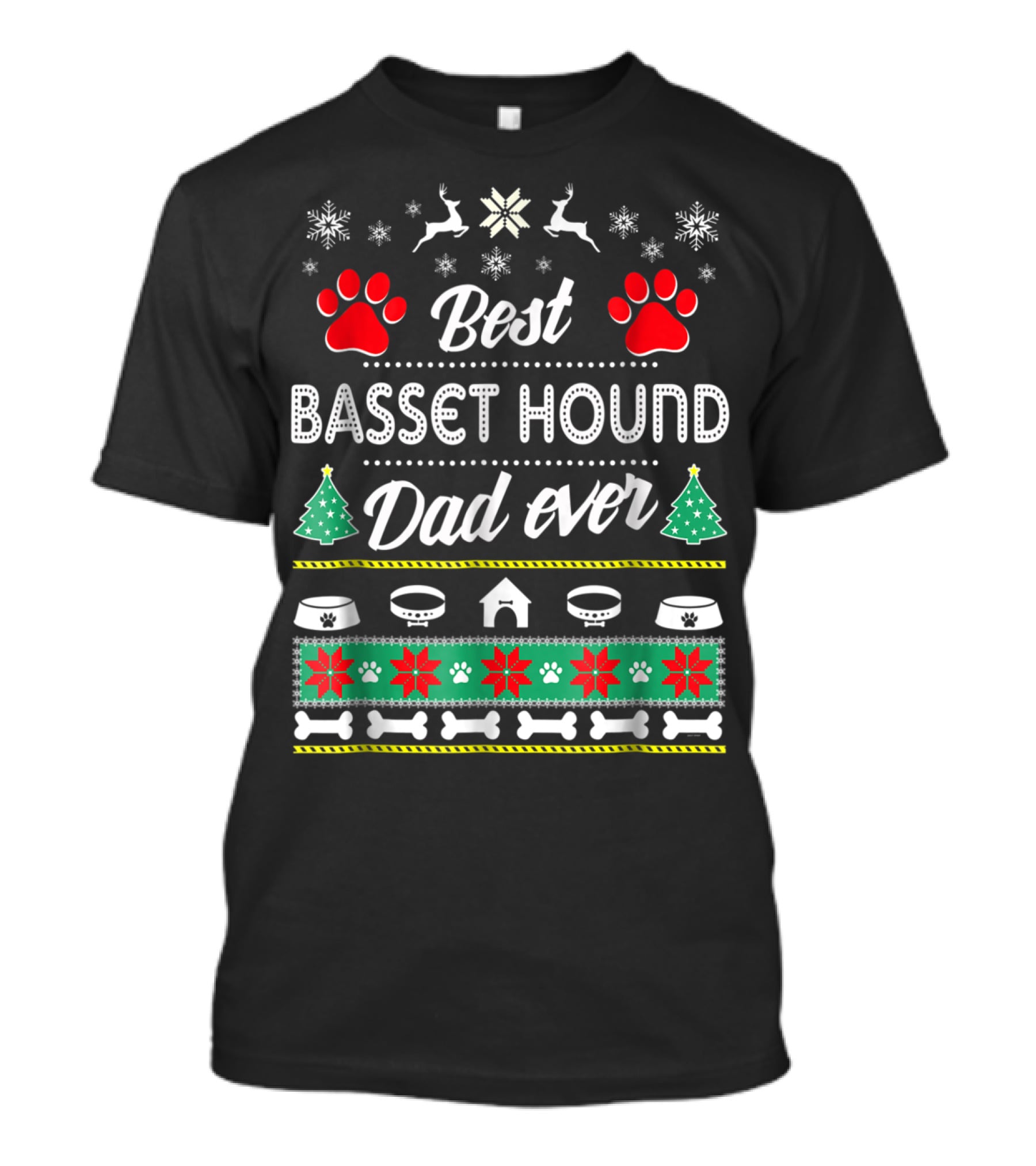 Best Basset Hound Dad Ever Christmas Sweater Paw Print Trees Snowflakes Reindeer Bowls Bone Border T-Shirt