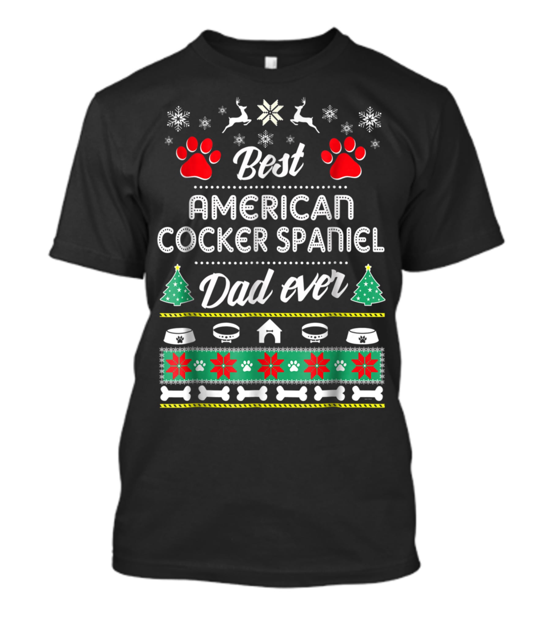 Best American Cocker Spaniel Dad Ever Christmas Pawprints Snowflakes Bones T-Shirt