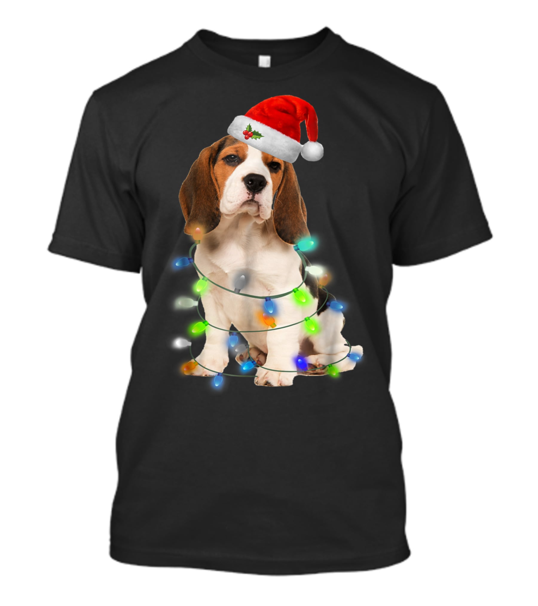 Beagle Wrapped In Christmas Lights With Santa Hat For Mom Women Girl T-Shirt