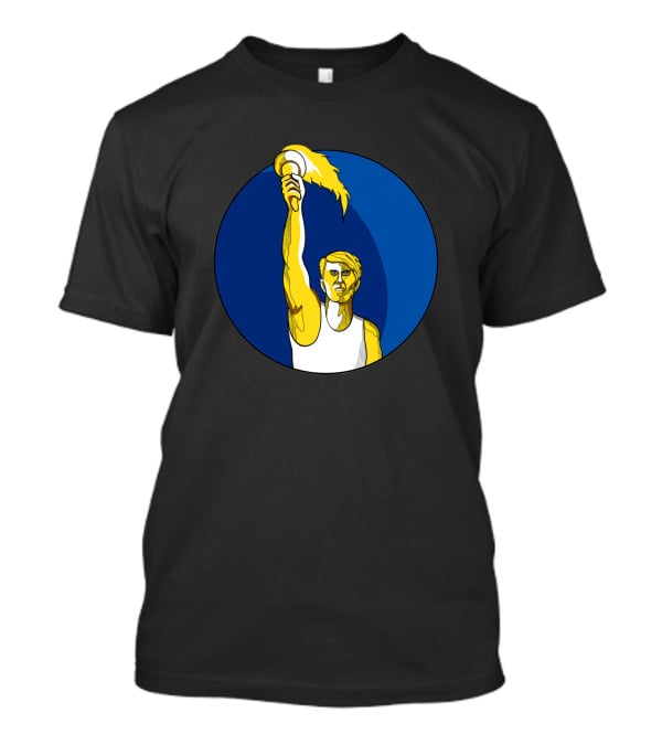 Athlete Holding Flaming Torch In Blue Circle Drawing T-Shirt