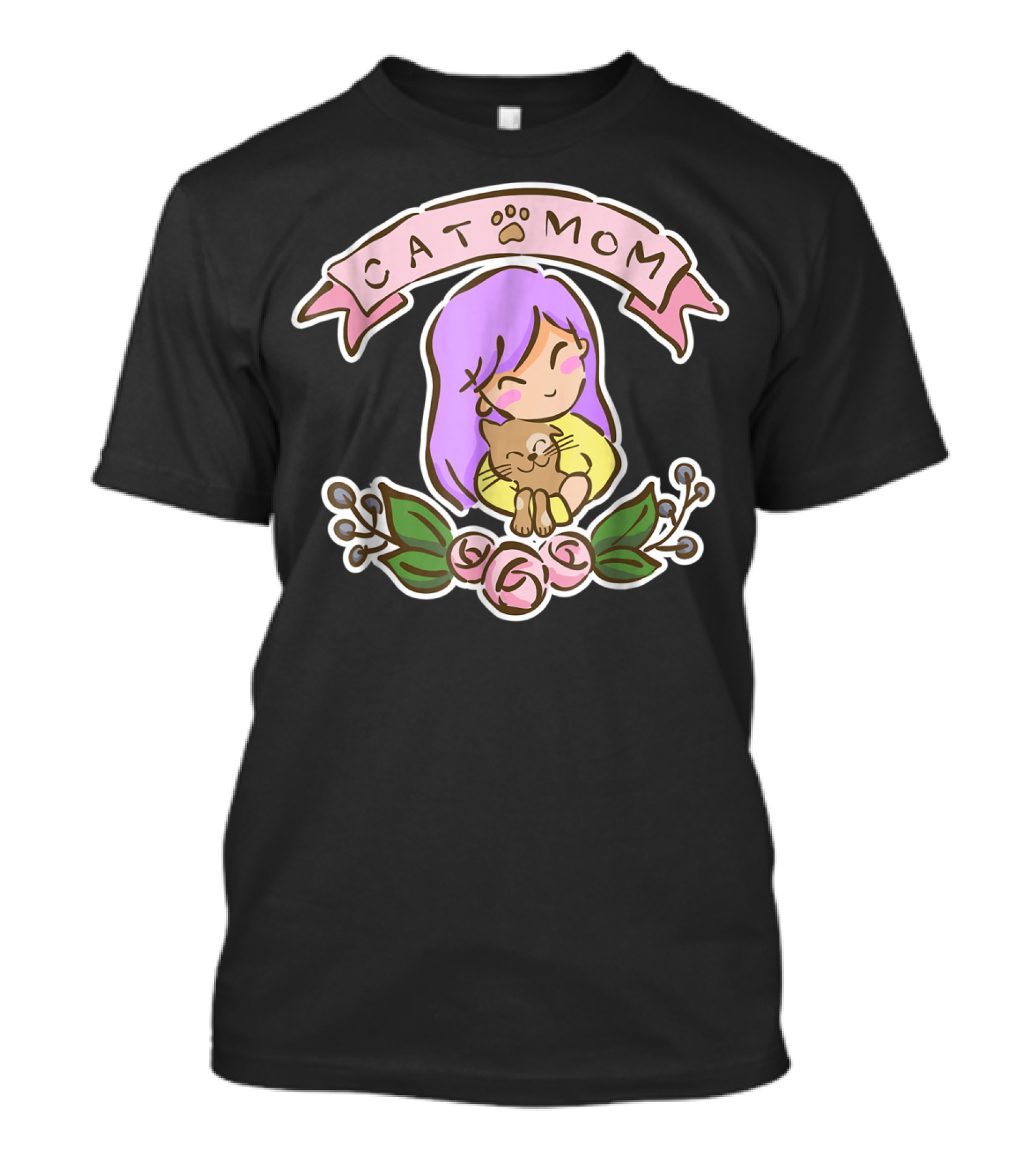 Cat Mom Cute Drawing With Purple Hair And Cat Hug T-Shirt