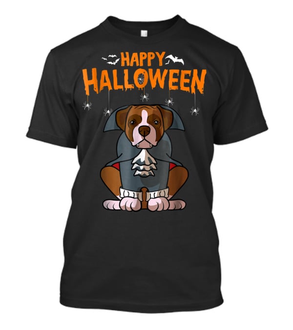 Happy Halloween Funny Boxer Dog Costume With Bats And Spiders T-Shirt