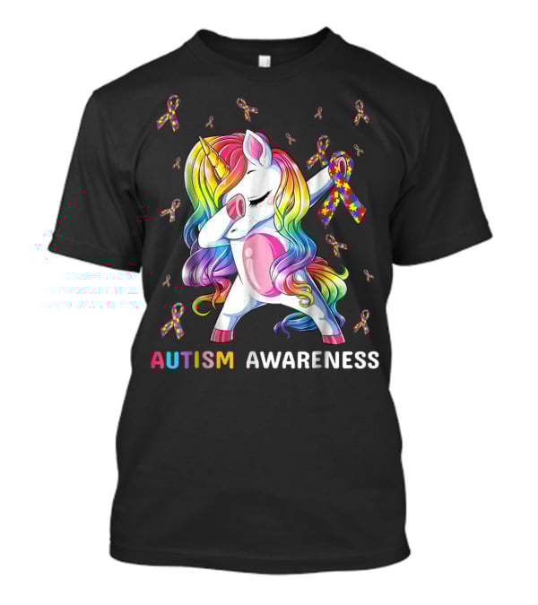 Autism Awareness Unicorn Dabbing With Rainbow Puzzle Ribbons T-Shirt