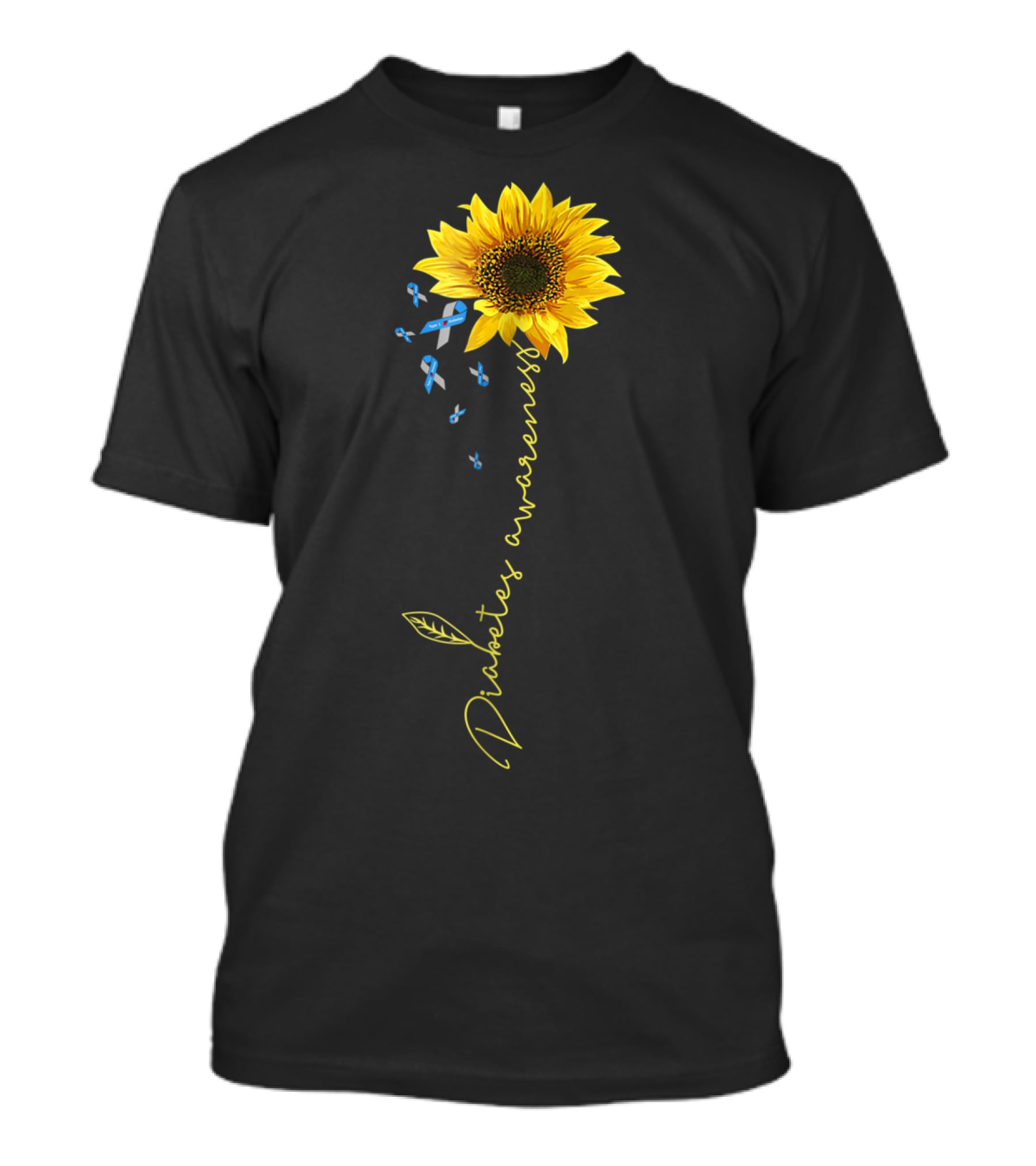 Diabetes Awareness Sunflower With Blue Ribbons T-Shirt
