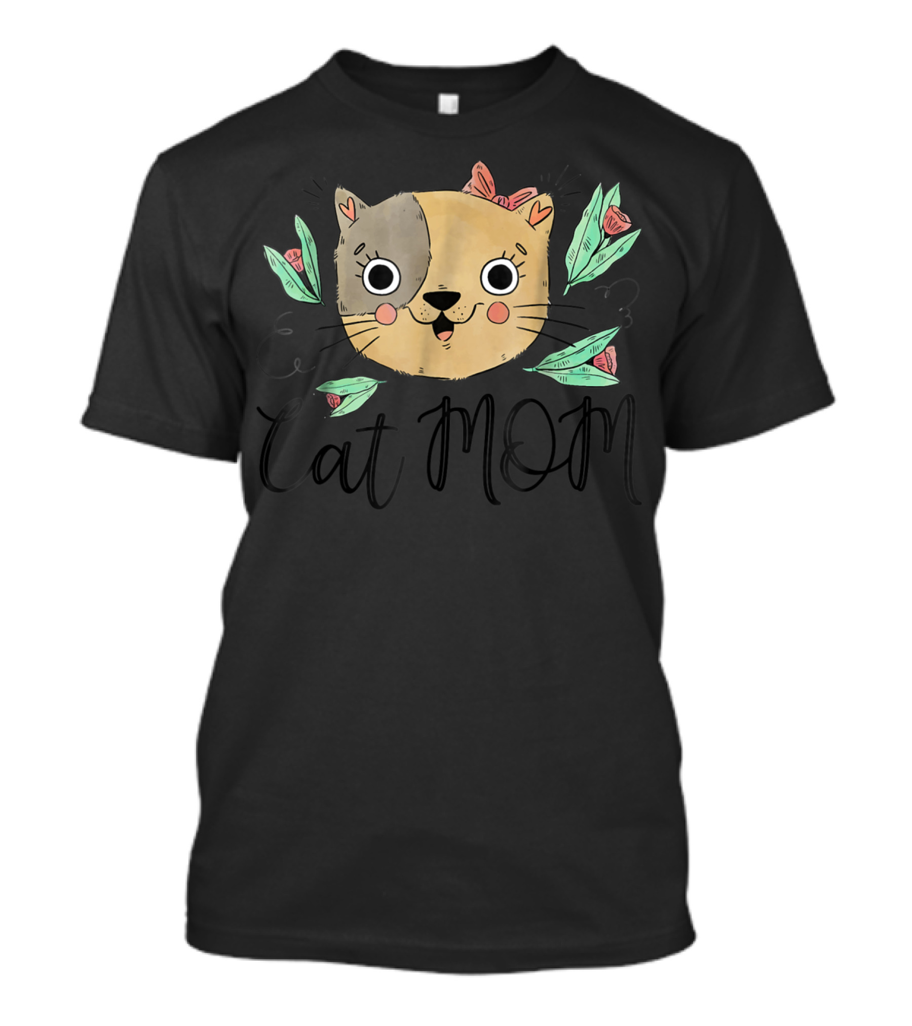 Cat Mom Perfect Cat Lady Kittie Lover With Flowers And Whimsical Cat Face T-Shirt