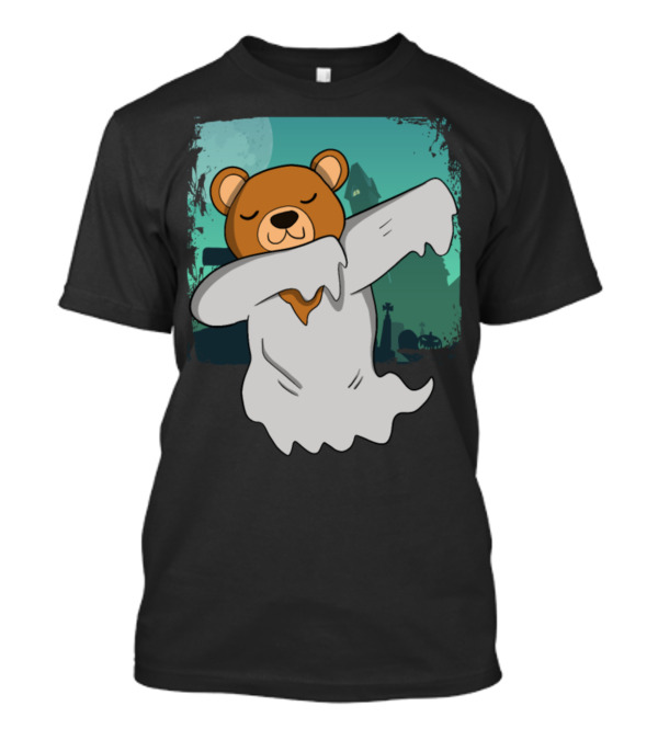 Ghost Bear Halloween Dabbing With Moonlit Graveyard Background T-Shirt