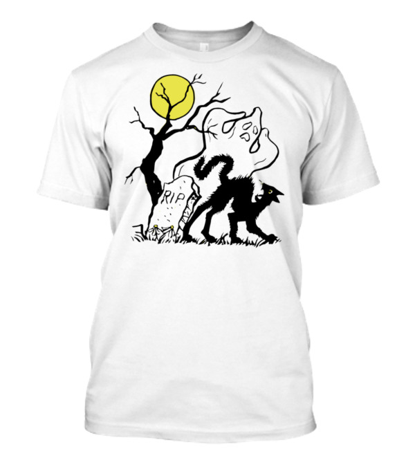 Ghost Halloween Moonlit Graveyard With Cat And RIP Tombstone T-Shirt