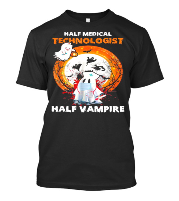 Half Medical Technologist Half Vampire Ghost Nurse Halloween Moon Bats T-Shirt