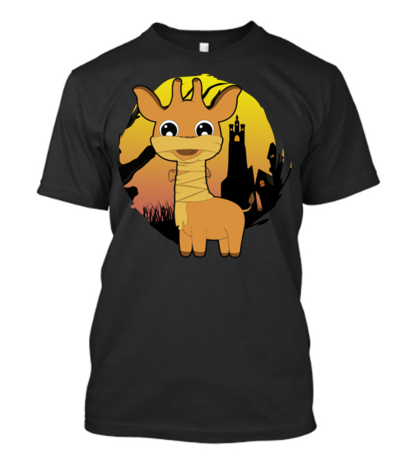 Halloween Cute Giraffe Mummy With Haunted House Background T-Shirt