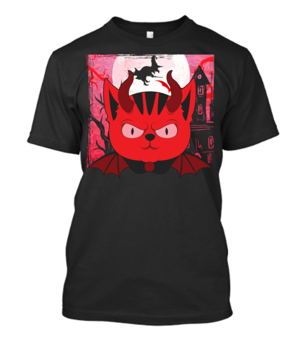 Halloween Devil Cat In Haunted House Scene With Moon And Bats T-Shirt