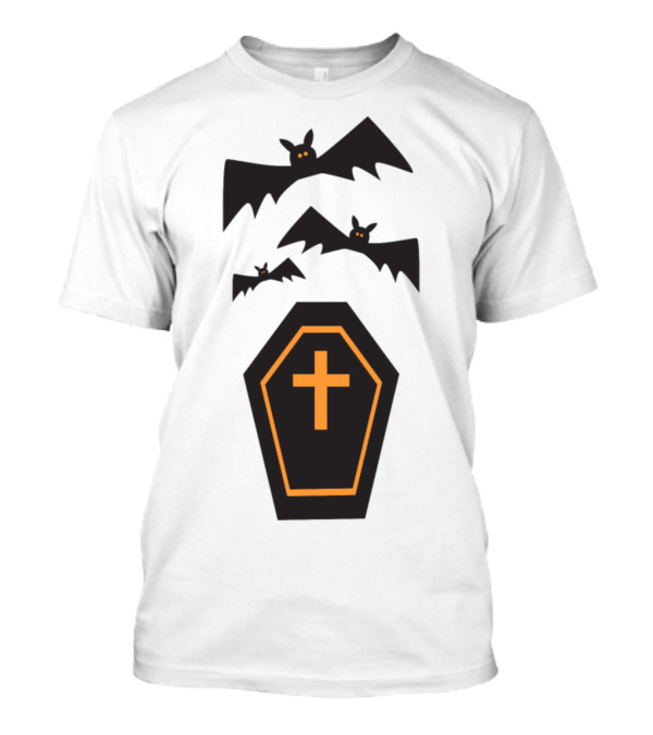 Halloween Bats Trick Or Treat Coffin With Cross And Creepy Shadows T-Shirt