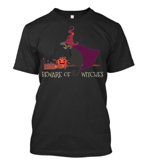 Halloween Funny Black Cat Beware Of Witches Pumpkin Broomstick T-Shirt